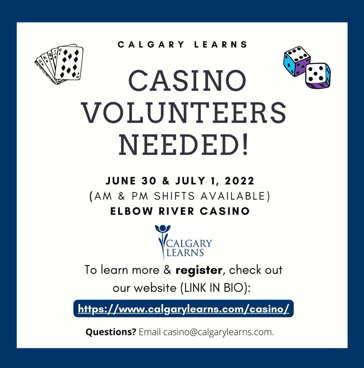 We Need You! The proceeds from the casino help Calgary Learns further support the Adult Foundational Learning Community! calgarylearns.com/casino/