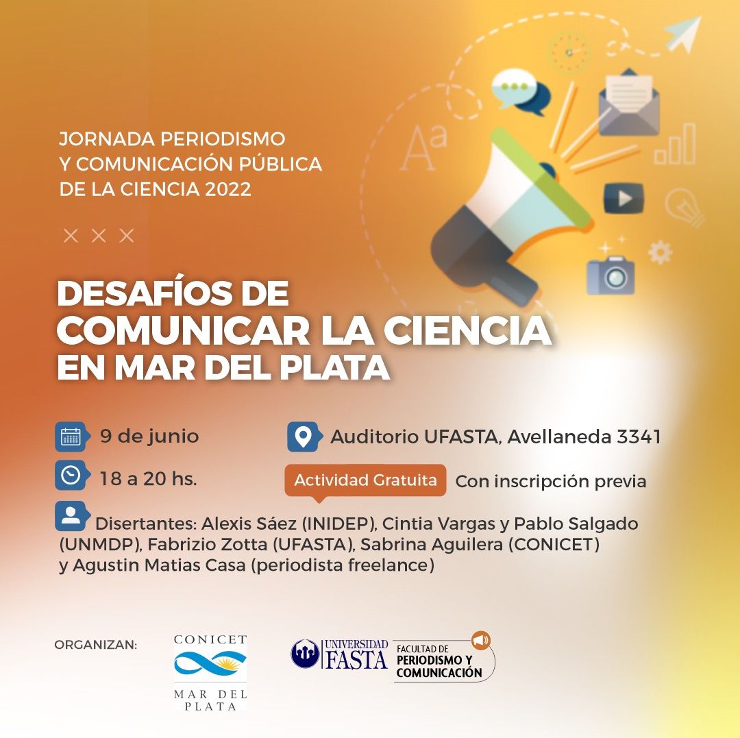 📰Celebrando el Día del Periodista <a href="/UFASTA/">Universidad FASTA</a>   y <a href="/Conicetmdp/">CONICET Mar Del Plata</a>  organizan  la Jornada de Periodismo y Comunicación Pública de la Ciencia para dialogar sobre los “Desafíos de comunicar la ciencia en Mar del Plata”.

📆 9/6 a las 18 en Avellaneda 3341.

🔗 bit.ly/3sTolff