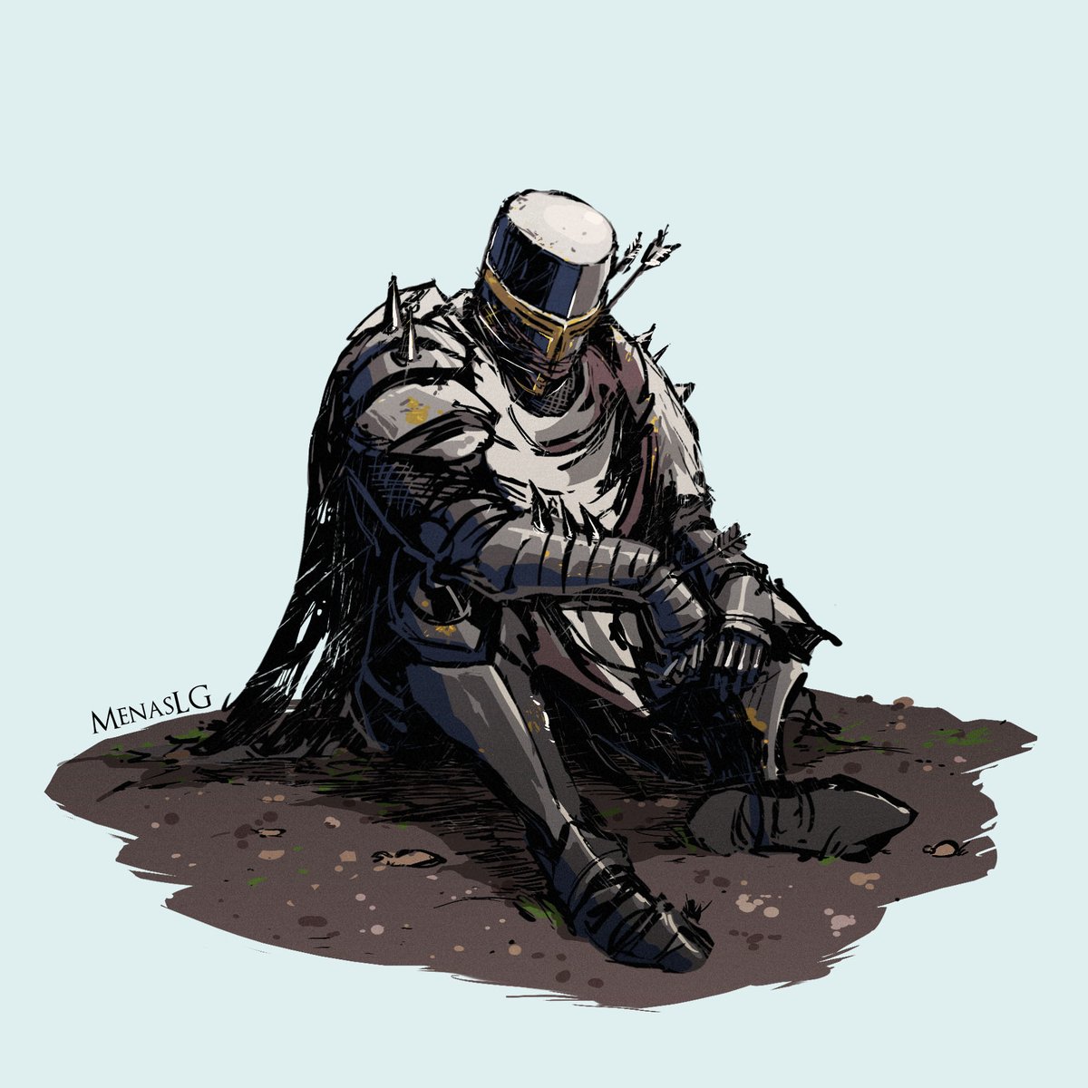 armor sitting solo full armor helmet 1boy male focus  illustration images