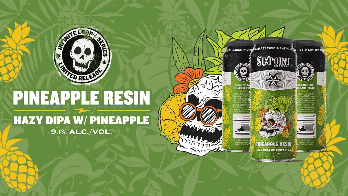 NWOBeverage's tweet photo. @sixpoint took the fruity pineapple elements from RESIN®, brewed it hazy, and then doubled down with tons of Bru-1 and Idaho 7 hops to make Pineapple Resin. It’s like RESIN® on island time! #sixpointbeer #craftbeer https://t.co/dBW3eWarLP