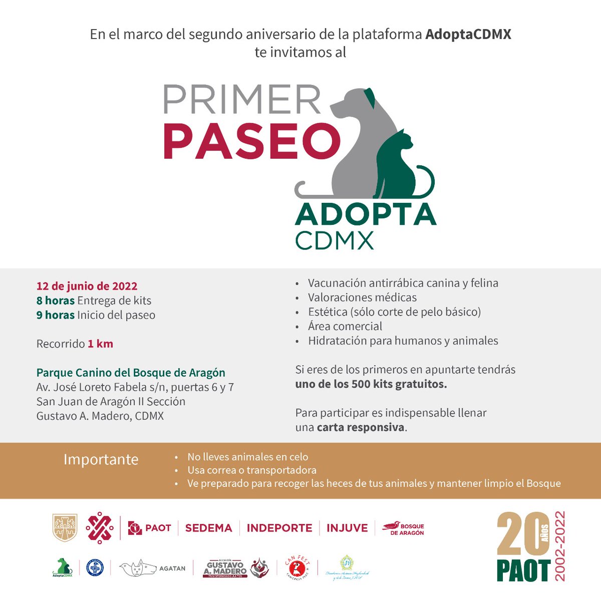 PAOTmx's tweet photo. ¡Acompáñanos en el primer #PaseoAdoptaCDMX!

Podrás pasear 🐶 en #AdopciónResponsable o hacer el paseo con el tuyo.

📍Parque Canino Bosque de Aragón (puertas 5, 6 y 7)
🗓️ 12 de junio
⏰8 h
🩺💉
Acude con correa y listo para recoger las heces
Regístrate 👉 https://t.co/D54Fw389In https://t.co/s5gRU6cowk
