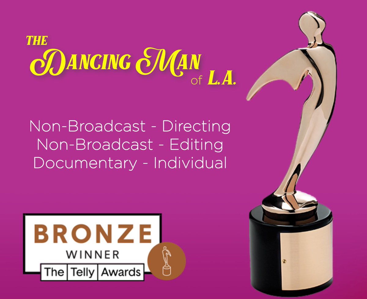 The Dancing Man of L.A. (@ladancingman) on Twitter photo Today is the 1 year anniversary of @ladancingman & we have won some <a href="/tellyawards/">The Telly Awards</a> 🎉🕺
Non-Broadcast - Directing
Non-Broadcast - Editing
Documentary - Individual
Thanks to everyone for their support of our film 🎥 🕺<a href="/ITVSIndies/">ITVS</a> <a href="/PBSDS/">PBS Digital Studios</a> <a href="/PBS/">PBS</a> <a href="/IndependentLens/">Independent Lens</a>
#documentary #music Today is the 1 year anniversary of @ladancingman & we have won some <a href="/tellyawards/">The Telly Awards</a> 🎉🕺
Non-Broadcast - Directing
Non-Broadcast - Editing
Documentary - Individual
Thanks to everyone for their support of our film 🎥 🕺<a href="/ITVSIndies/">ITVS</a> <a href="/PBSDS/">PBS Digital Studios</a> <a href="/PBS/">PBS</a> <a href="/IndependentLens/">Independent Lens</a>
#documentary #music