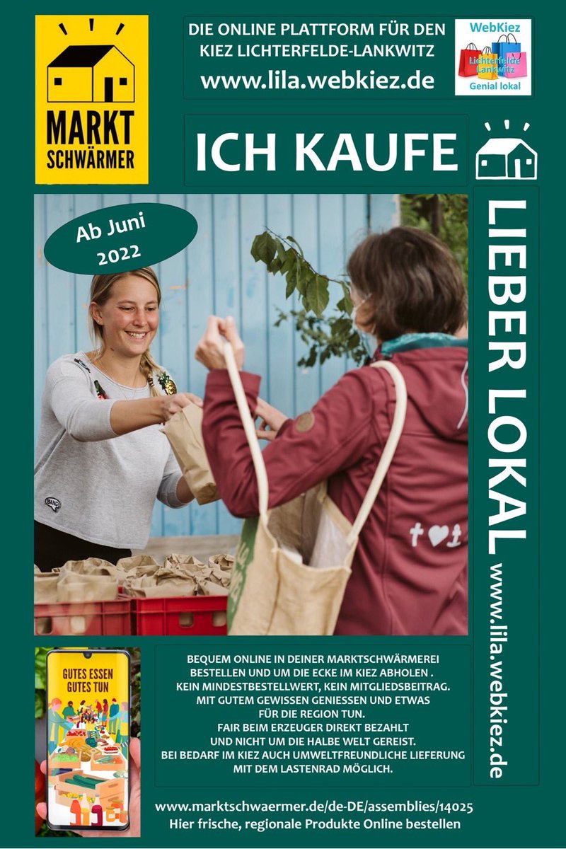 Jetzt Mitglied werden. Kein Mitgliedsbeitrag, keine Kaufverpflichtung, einfach dabei sein um aktuell informiert zu sein. Sei sozial,kauf lokal !   lila.webkiez.de  klick Button Marktschwärmer