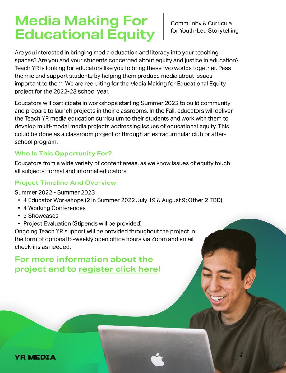 itsYRmedia's tweet photo. Calling all educators interested in integrating youth voice, media education and literacy into their teaching. YR Media is running a year long project to support you and your students making media projects for educational equity, contact monica.clark@yrmedia.org for more info. https://t.co/HxiI0CpPTs