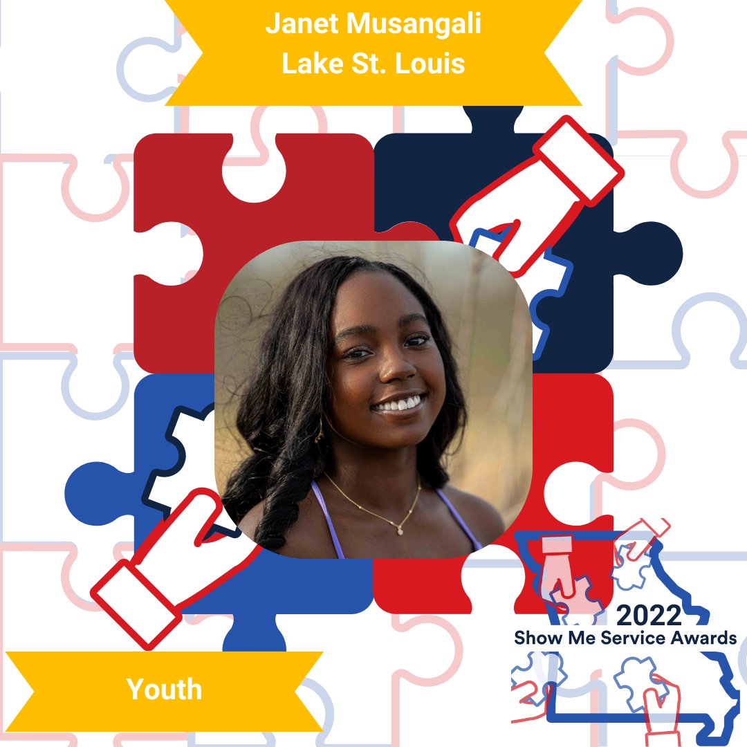 ShowMeService's tweet photo. Janet is a youth awardee from Lake St. Louis. She is being recognized for her volunteerism with Vintendo4Africa. Learn more about Janet and her story at https://t.co/ByUh2afVyK
#getthingsdone #volunteerism #showmeservice https://t.co/vILEX2aMBo
