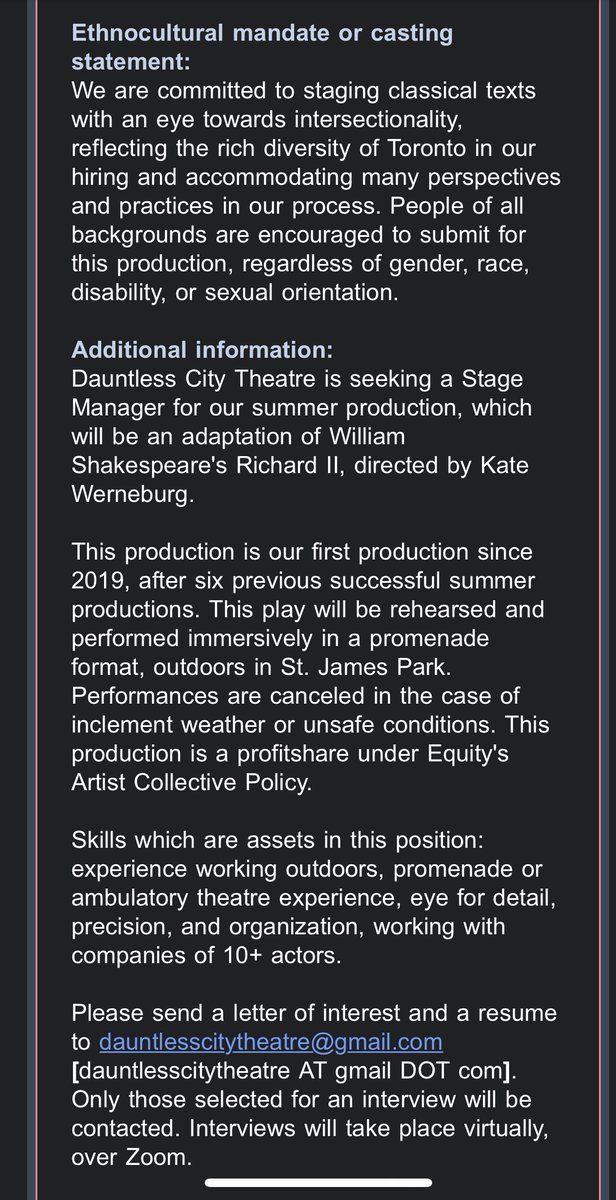 DauntlessTO's tweet photo. We are searching for a stage manager! Is it you?? https://t.co/vuio7hM57N