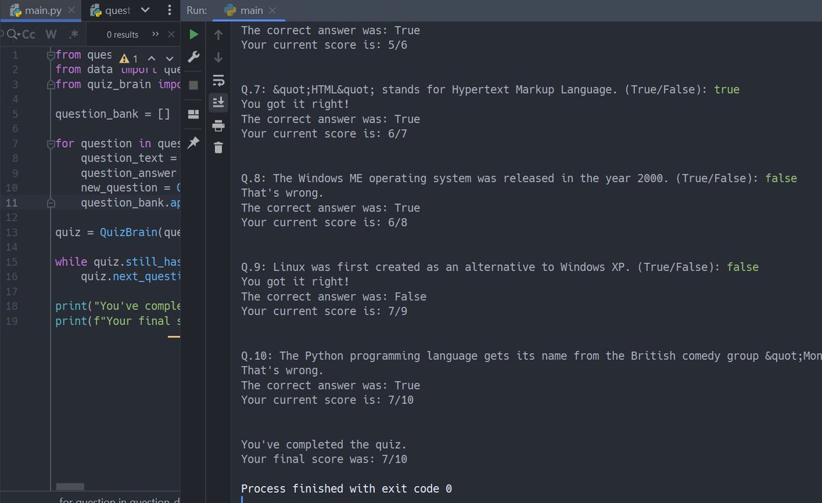 _abbeym_'s tweet photo. Day 17 - #100DaysOfCode
Completed - Classes...
Quiz challenge. See snip below...! #PyExperience π!
#Python #programming #100daysofpython https://t.co/ksrTrs41SU