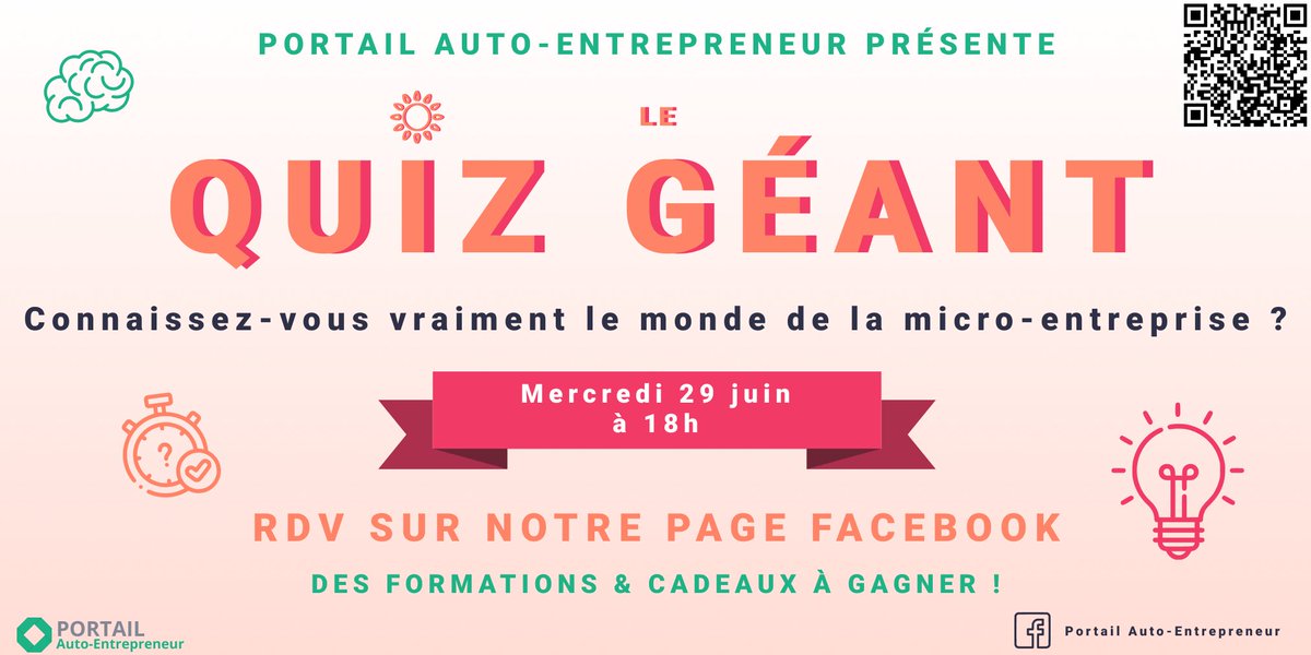 [QUIZ GÉANT : Testez vos connaissances sur le monde de l'entrepreneuriat] 🏆
Ça se passe le mercredi 29 juin à 18h sur la page FB du <a href="/PortailAE/">Portail Auto-Entrepreneur</a> 🎉 via le lien ahaslides.com/QUIZGEANT
Gagnez des formations d’une valeur de presque 1000€ ainsi que des lots surprises 🎁
#entreprise