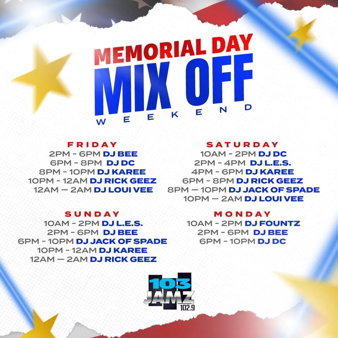 103JAMZRADIO's tweet photo. This #MemorialDay weekend, the #103JAMZ dj’s #DJBee #DJDC #DJRickGeez #DJJackofSpade #djfountz + #DJKaree &amp; #DJLES take over the station starting Friday at 2p! Download #iHeartRadio &amp; listen anywhere: https://t.co/uI0bnVisqA #VA #757 #Mixoff #Mix #DJ #Radio #2Up2Down #Virginia https://t.co/mmHgtCUQ4r