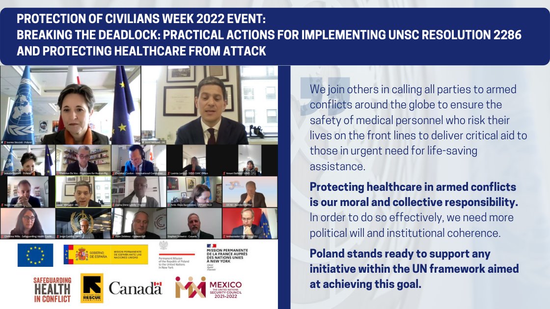 PLinUN's tweet photo. An excellent #POCWEEK2022 event on protecting 🚑👩⚕️👨⚕️🏥 from attack.
🇵🇱’s DPR @joanna_skoczek highlighted that protecting #healthcare in armed conflicts is our moral and collective responsibility, and to do so effectively we need more political will and institutional coherence. https://t.co/CwnNbTTN7K