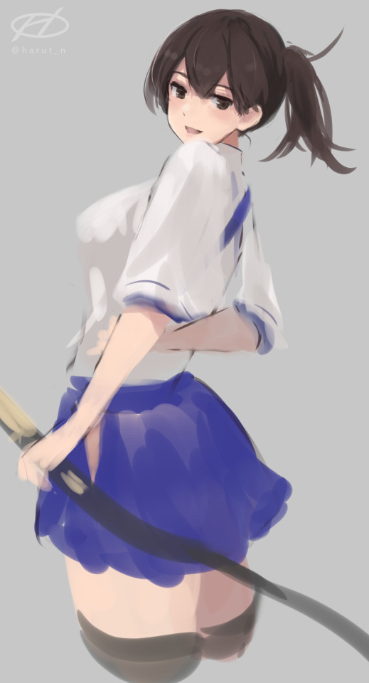 kaga (kancolle) 1girl solo grey background japanese clothes thighhighs brown hair brown eyes  illustration images