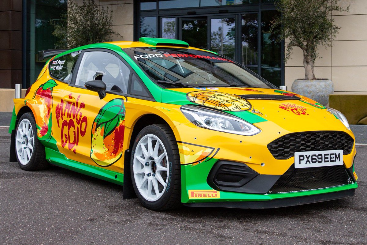 BRCrally's tweet photo. Now THIS is a livery! 😎🥭🥭

Introducing Elliot Payne and Tom Woodburn's all new @MSportLtd Ford Fiesta Rally2 livery ahead of this weekend's @jim_clark_rally - featuring the new Mango Go brand of energy drink!

#BRC https://t.co/fvZo6xHAvn