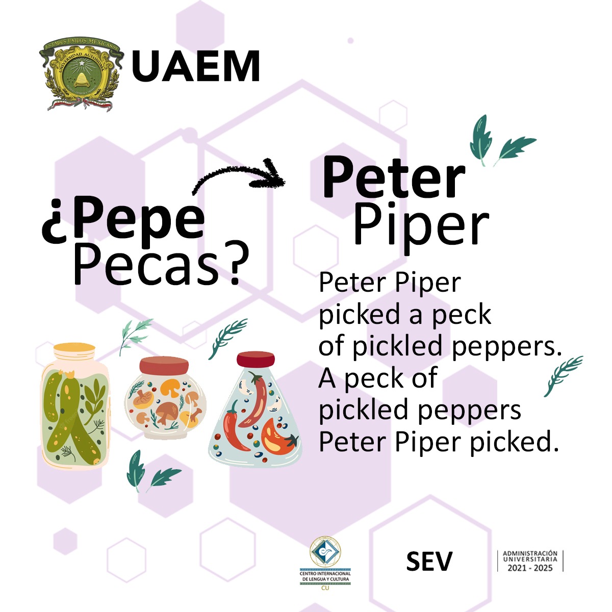 CILC_PinoSuarez's tweet photo. Tongtwister time!! Hoy te proponemos un trabalenguas en inglés. ¿Recuerdas a Pepe Pecas que pica papas con un pico? Pues en inglés se llama Peter Piper ¿puedes decirlo sin equivocarte?

#SomosUAEMéx #CILC #Cursos #Inglés #InglésParaNiños https://t.co/w0E8lXj5eW