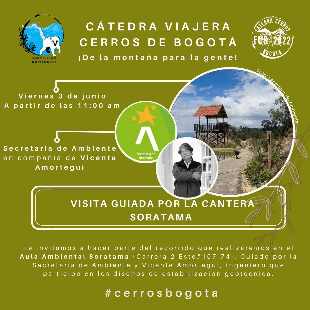 CerrosdeBogota's tweet photo. 🍃✨!La cátedra Cerros de Bogotá viaja a la Cantera de Soratama!🍃✨

Reconocimiento aulas ambientales y espacios socio-ecológicos ubicados en los cerros orientales. 

 Inscripción : 
https://t.co/7lyocWlkM6
3 junio 
Hora de encuentro: 11:00 Am entrada al aula Soratama https://t.co/oB3YylVjz4