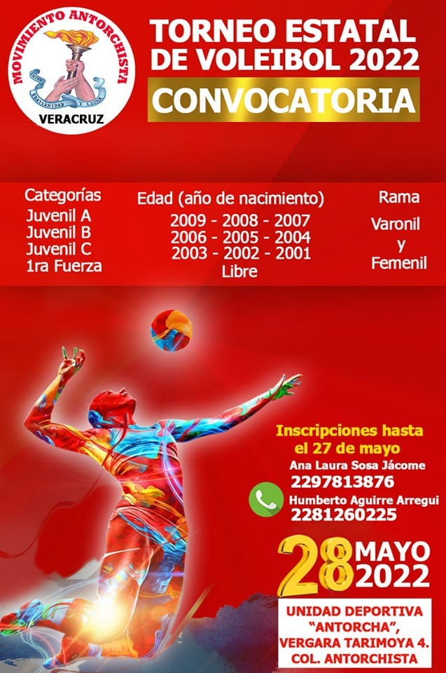 VerAntorcha's tweet photo. Vive la emoción del Torneo Estatal de Voleibol a través de la página de Facebook del Movimiento Antorchista Veracruz. Sigue las transmisiones este sábado 28 de mayo. #TorneoAntorchistaDeVoleibol https://t.co/ex8LxHBNvg