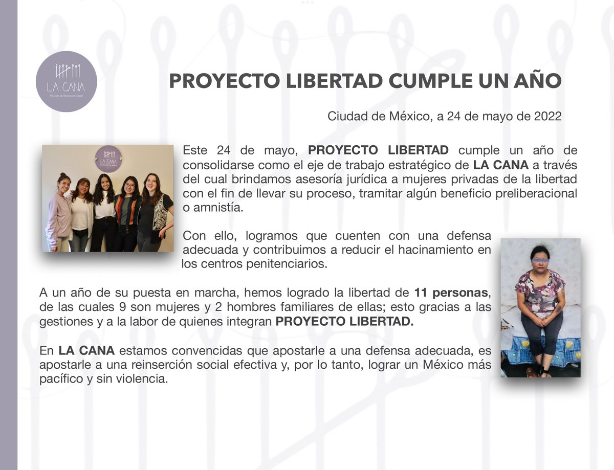 1° aniversario de #ProyectoLibertad 🕊️🥳

Hace 6 años que #LaCana comenzó operaciones aspirábamos a consolidar un eje de trabajo que brindara asesoría jurídica a las mujeres privadas de su libertad, lo que resultaba una tarea titánica.

Hoy #ProyectoLibertad cumple 1 año 👏🏽