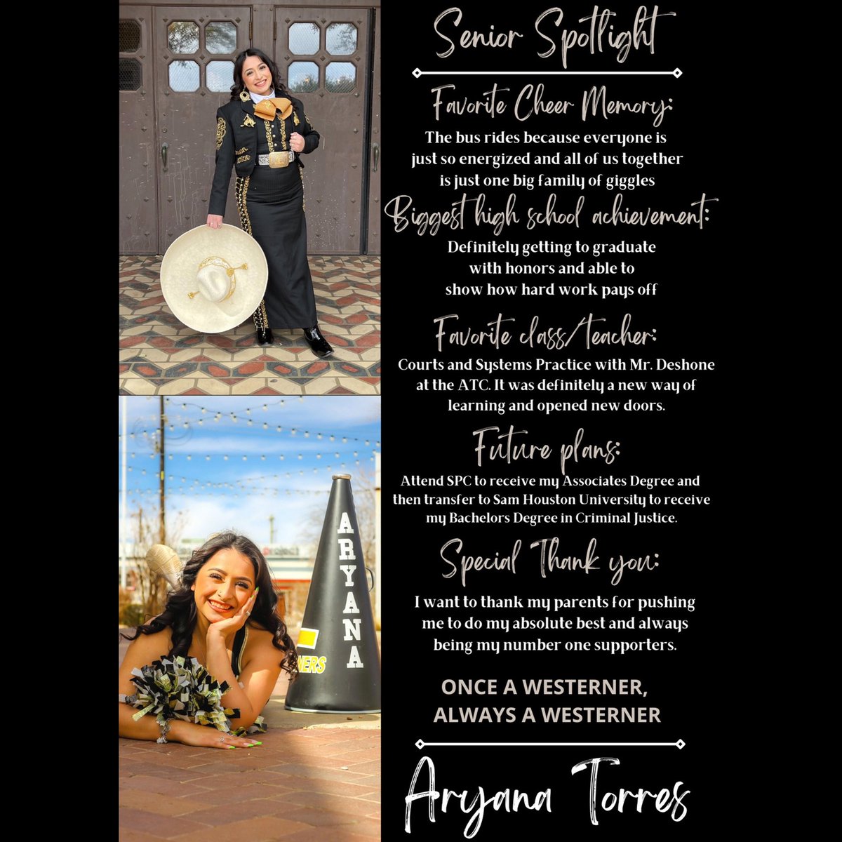 Senior spotlight Class of 2022! Aryana Torres, we will miss you! 🖤💛📣🎓 #classof2022 #lhscheer #varsitycheer #wearelubbock