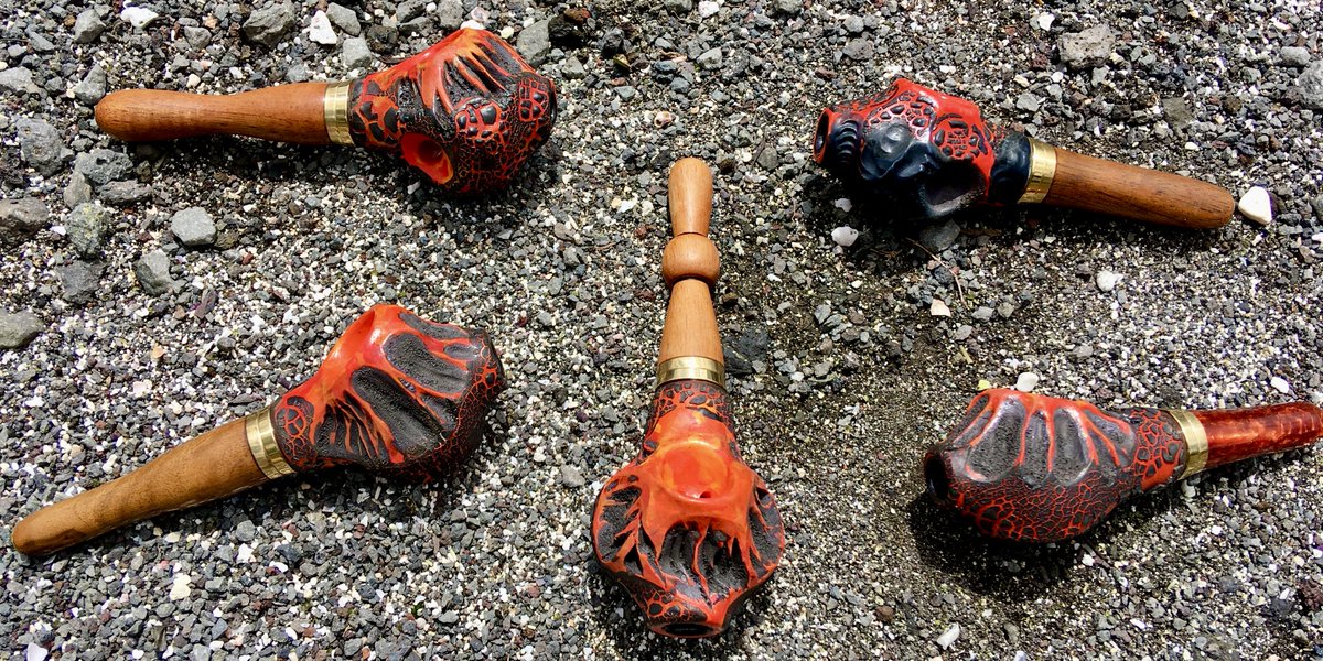 hipipefarm's tweet photo. Kilauea Volcano is still erupting and with it comes great inspiration. In its honor I’ve crafted some stunning volcanic bowls dripping w/hot red &amp; molten black lava. We’re posting some of these babies on our site this week~Just in time for our Memorial Day Sale starting Thursday. https://t.co/EHlcCzE9eT