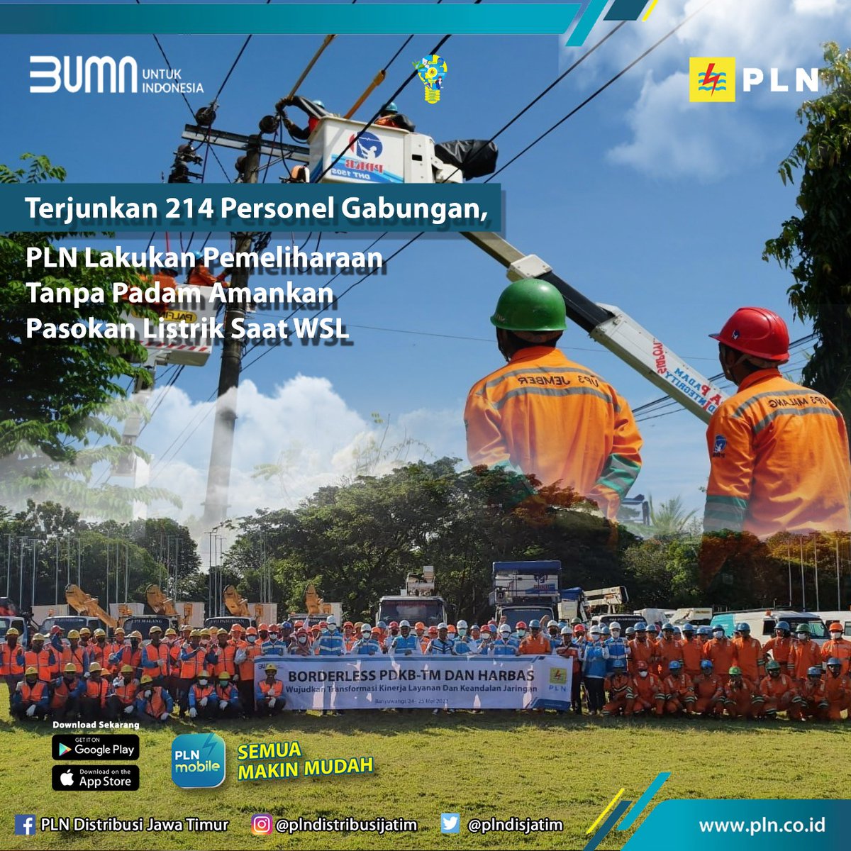 Terjunkan 214 Personel Gabungan, PLN Lakukan Pemeliharaan Tanpa Padam Amankan Pasokan Listrik Saat WSL

Banyuwangi, 24 Mei 2022 - Jelang penyelenggaraan World Surf League (WSL) yang tinggal hitungan hari, PT PLN (Persero) semakin intensif melakukan berbagai kegiatan preventif