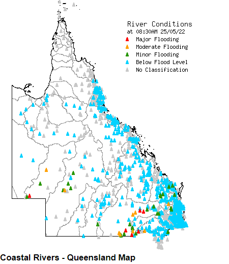 BOM_Qld's tweet photo. A partly cloudy day for Queensland today. Showers along the coast and the possibility of a shower or thunderstorm over the southern interior. No significant rainfall is expected and inland #QLDFlood peaks will continue to move downstream. Full details https://t.co/vLktnS0v5U https://t.co/OwJnt2OXWu