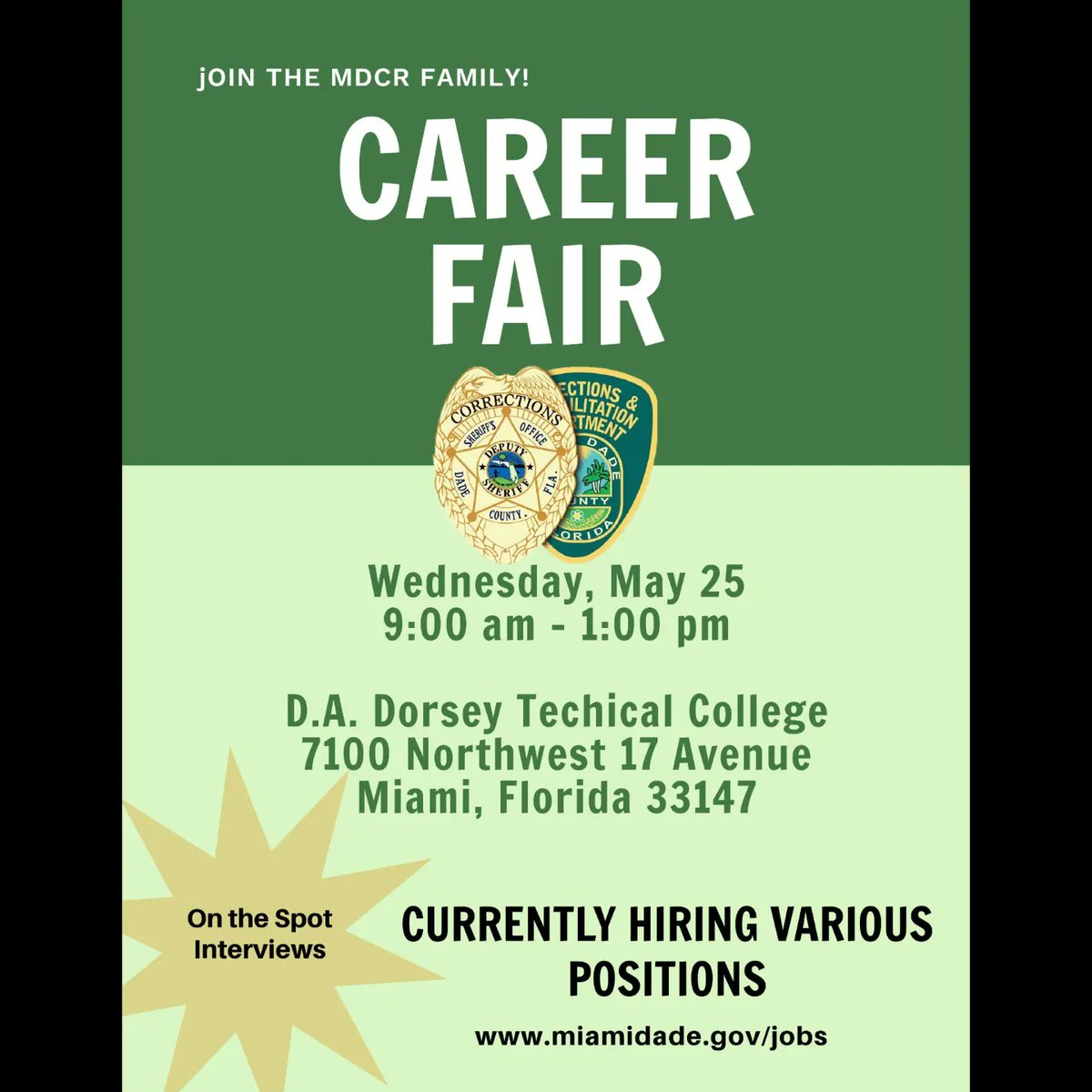 #MDCR will be on-site tomorrow, May 25th, at the Mayor's Career Fair happening at DA Dorsey Technical College. On-site interviews will be conducted for multiple positions so be sure not to miss us from 9am to 1pm. #miamijobs #careersearch #Miami #MDCRStrives #OurCounty