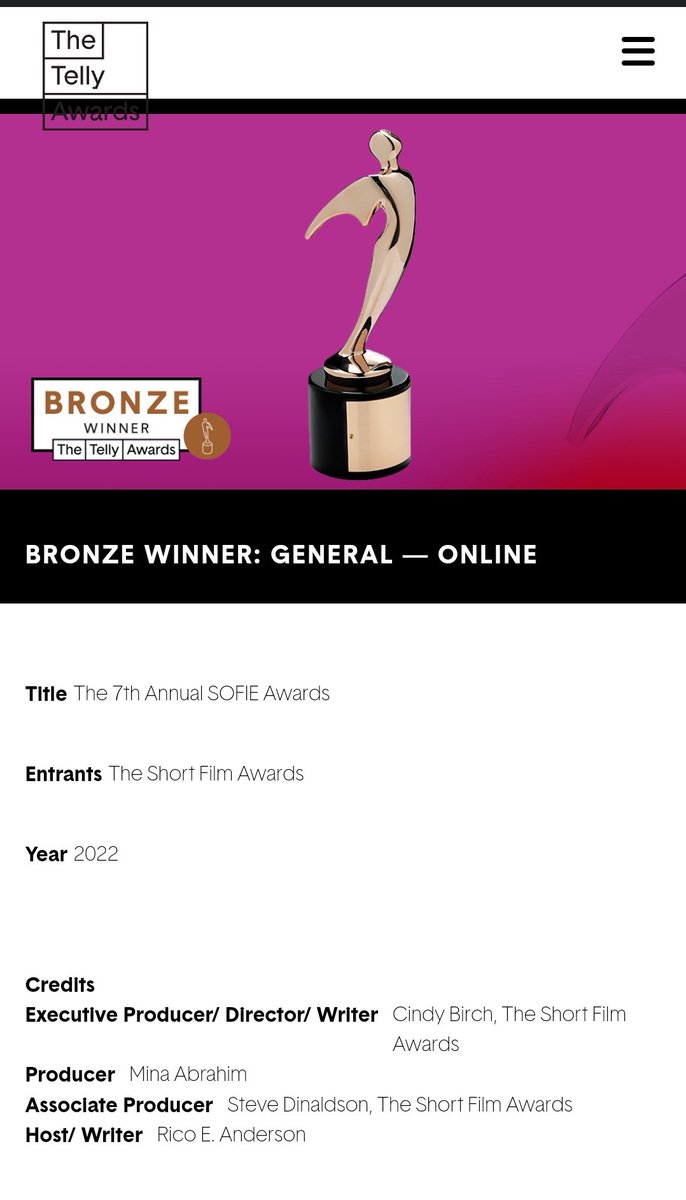 Short_Film Awards (@shortfilmawards) on Twitter photo Sooo...today, THIS happened... Last year's SOFIE Awards show won a Telly Award!!! Thank you to <a href="/tellyawards/">The Telly Awards</a> , all the SOFIE crew and our favorite Host <a href="/IAmRicoAnderson/">RICO E. ANDERSON</a> for making this honor possible. ❤❤❤ <a href="/tellyawards/">The Telly Awards</a> #TellyAwards #2022TellyAwards Sooo...today, THIS happened... Last year's SOFIE Awards show won a Telly Award!!! Thank you to <a href="/tellyawards/">The Telly Awards</a> , all the SOFIE crew and our favorite Host <a href="/IAmRicoAnderson/">RICO E. ANDERSON</a> for making this honor possible. ❤❤❤ <a href="/tellyawards/">The Telly Awards</a> #TellyAwards #2022TellyAwards