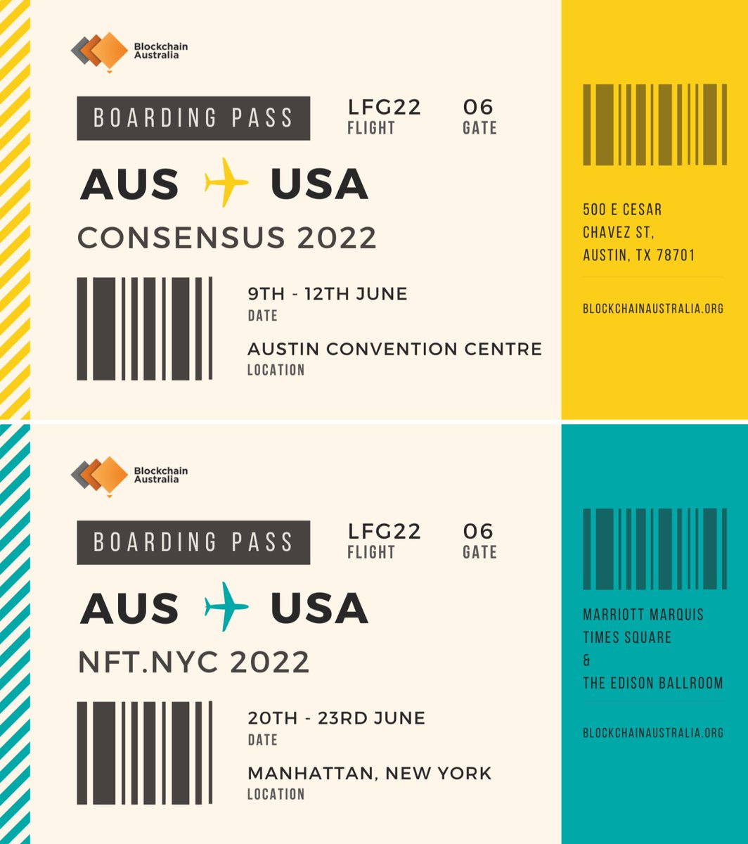 DECAustralia's tweet photo. FINAL BOARDING CALL

This is the final call for those heading to @consensus2022  by @CoinDesk in Austin and @NFT_NYC in NYC in June.

Are you heading to the U-S-A next month? Then let @amydashrose know! https://t.co/zj14rwMgKC
