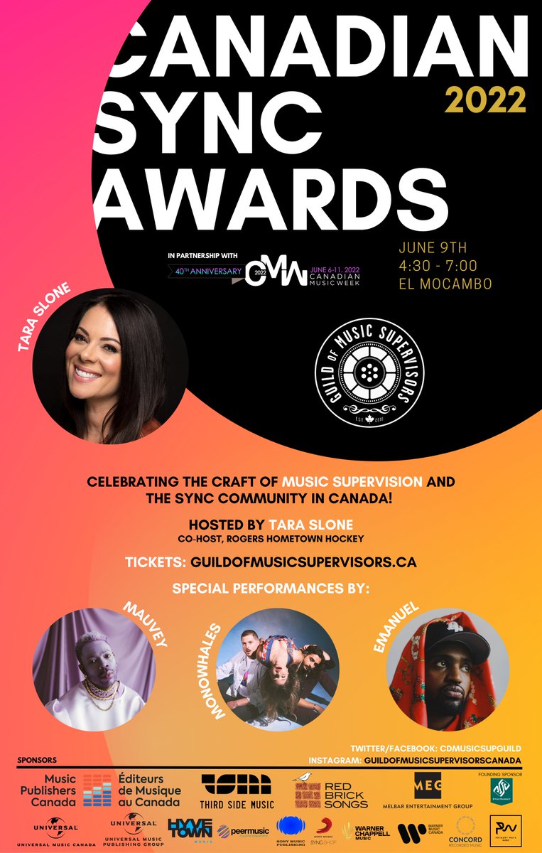 Canadian Guild (@cdmusicsupguild) on Twitter photo Big Sync Awards news: the Awards will be hosted by <a href="/TaraSlone/">Tara Slone</a>, with special performances by @lovemauvey <a href="/monowhales/">MONOWHALES</a> & <a href="/cellulardada/">emanuel</a>. Tickets are on sale NOW, and public voting is OPEN!
Head to guildofmusicsupervisors.ca to join in the fun. Big Sync Awards news: the Awards will be hosted by <a href="/TaraSlone/">Tara Slone</a>, with special performances by @lovemauvey <a href="/monowhales/">MONOWHALES</a> & <a href="/cellulardada/">emanuel</a>. Tickets are on sale NOW, and public voting is OPEN!
Head to guildofmusicsupervisors.ca to join in the fun.