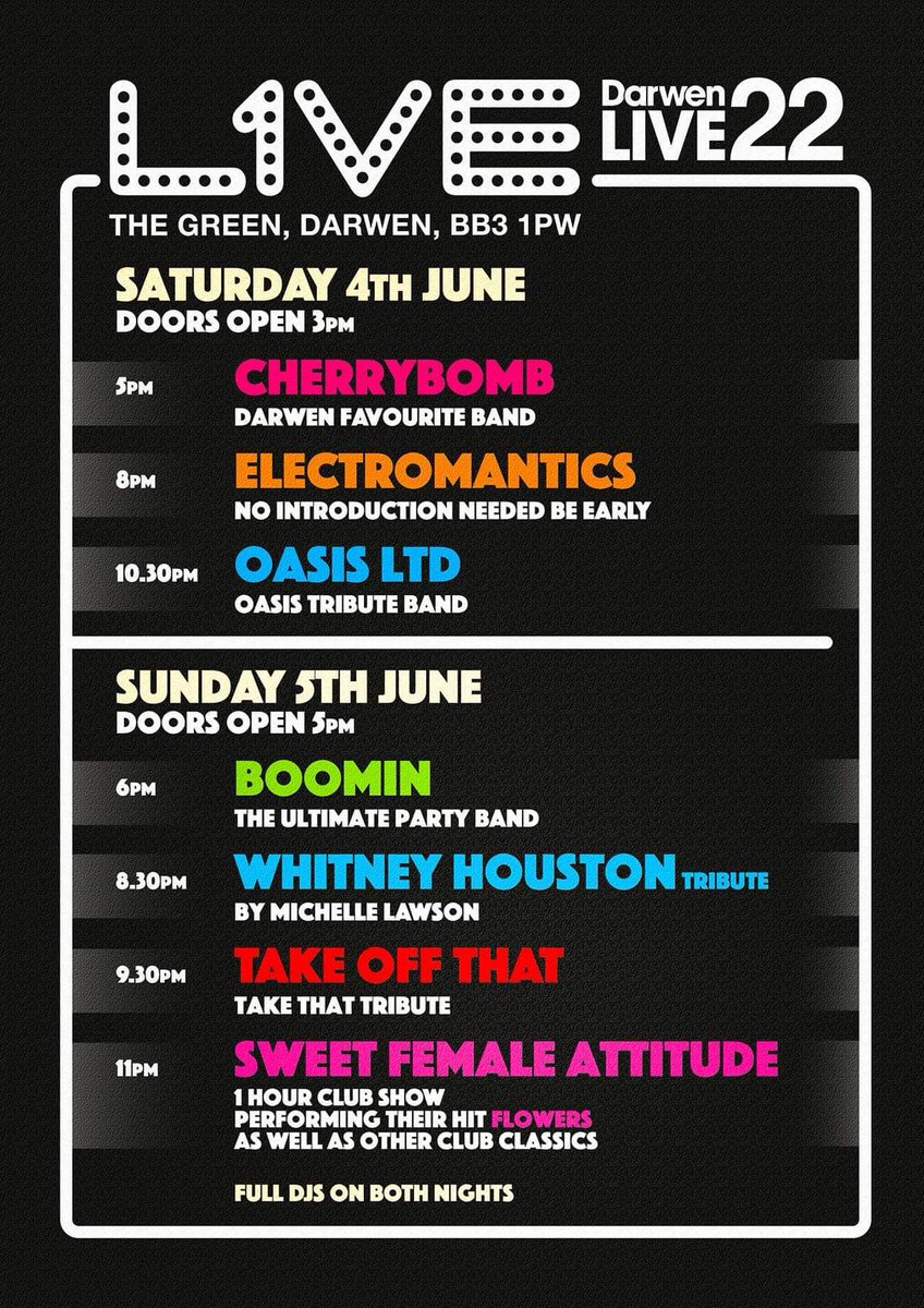 tributetakethat's tweet photo. Sunday 5th June we are in Darwen Lancashire 
What a cracking line up!
#takethat #tribute #festival #JubileeWeekend https://t.co/94Y1ewj1zy