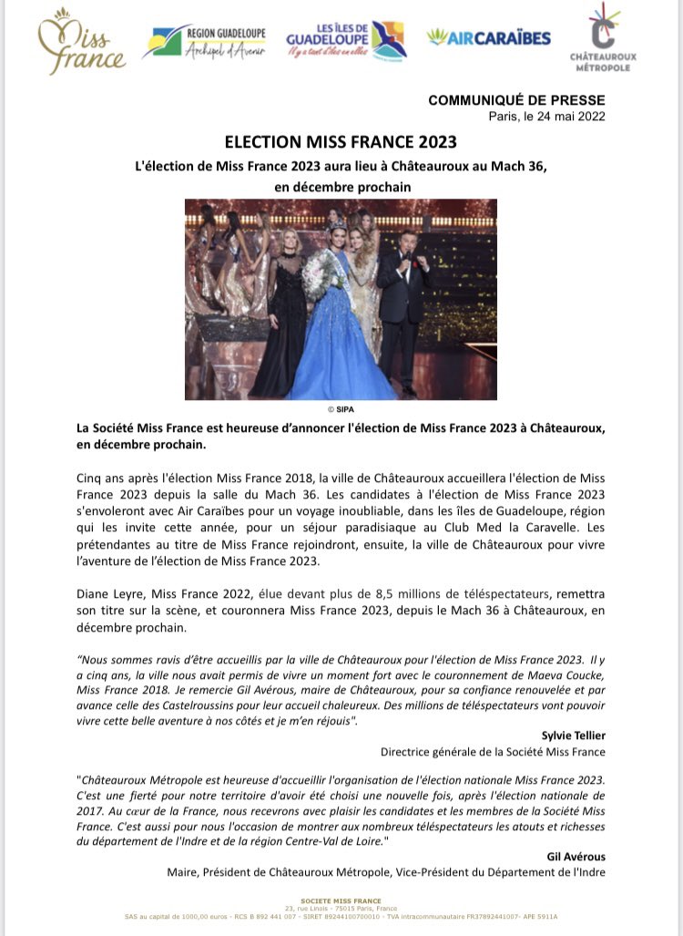MissFrance's tweet photo. C’est officiel ! 👑

L’élection de Miss France 2023 se déroulera à @Chateauroux36 !

Après un voyage inoubliable avec @aircaraibes dans les @ilesGuadeloupe au @ClubMedFR La Caravelle les candidates rejoindront Châteauroux pour vivre l’aventure Miss France ! https://t.co/dwmA0MUD0A