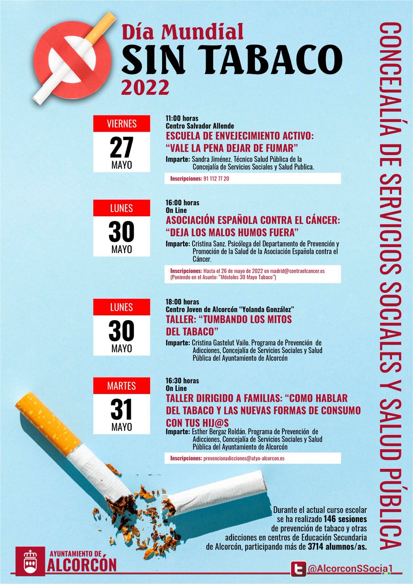 AlcorconSSocia1's tweet photo. Más de 3174 alumn@s de Secundaria de #Alcorcón han participado en los talleres de Prevención del Tabaco y otras adicciones durante el actual curso escolar. 
El próximo 31 de Mayo es el #DíaMundialSinTabaco, te animamos a que te unas a alguna de nuestras propuestas. 👇👇👇👇 https://t.co/ZJU5bxgxdw