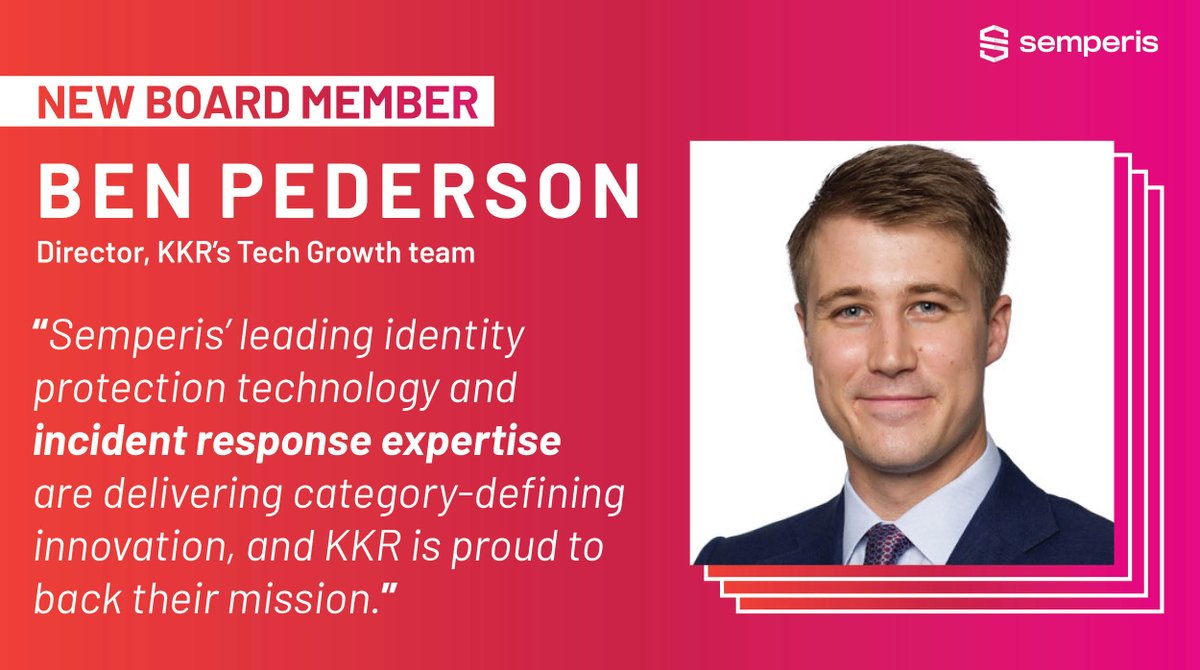 SemperisTech's tweet photo. Welcome @pedersob, Director on @KKR_Co's Tech Growth team, to our Board of Directors! KKR &amp; Co. Inc., which led Semperis' $200M #SeriesC funding round, is dedicated to growth equity investment opportunities in the technology space. Read more at https://t.co/5LNmh2wT4D. https://t.co/vfBcJkXT8x