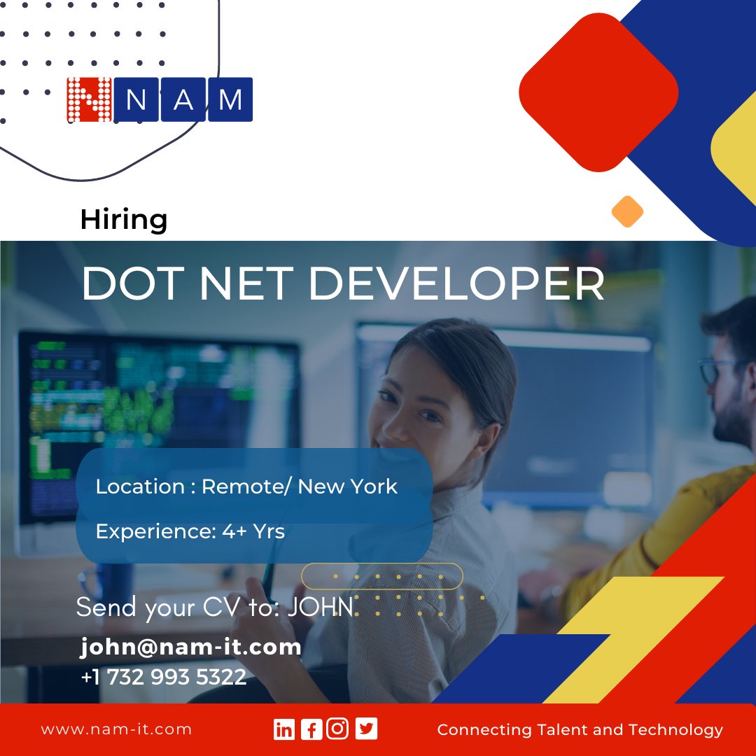 We’re #hiring #dotnetdeveloper for #newyork location. Know anyone interested?

Apply on #Linkedin directly at - linkedin.com/jobs/view/3090…

Send resume to john@nam-it.com / +1 732 993 5322

#dotnetjobs #aspdotnet #microsoftdotnet #microsoftsqlserver #sqlserver #aspdotnet #javascript