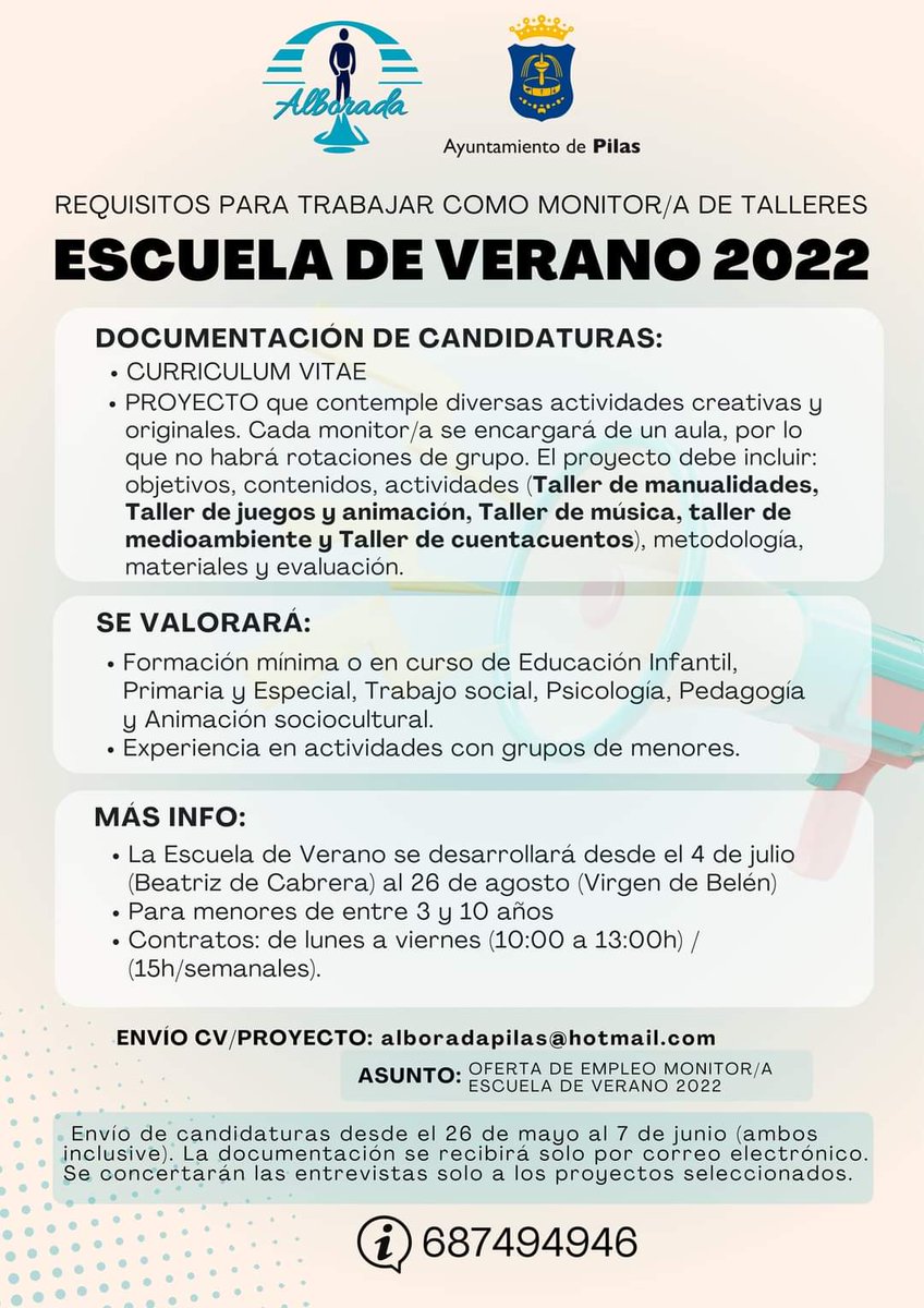 #Empleo | Si quieres trabajar como monitor/a de la Escuela de Verano 2022, aquí te explicamos los requisitos y cómo presentar tu candidatura. ⬇️

📱 Más info en el whatsapp 687494946