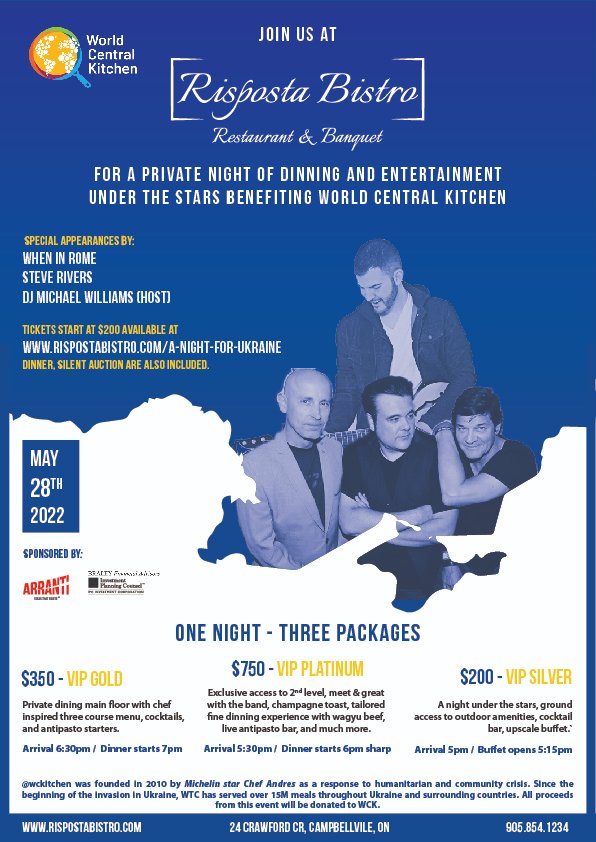 Come join us this Saturday for a night of good food and entertainment! Bring a friend or two and lets have some fun with a great cause. If you can't make it, you can also make a donation to help the cause. #Ukraine #saturdaynight #Entertainment #liveband rispostabistro.com