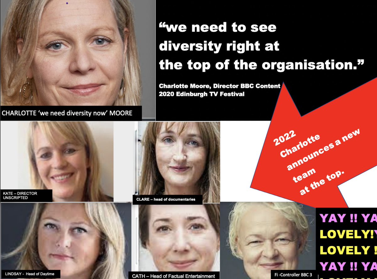 @vivalapd It's two years since George Floyd was killed and improvements to #diversity in UK tv were promised in earnest. Two years on who's delivered? First up, Charlotte Moore demanded #diversity at the very top of the beeb but it looks like she kept it all white on the night...