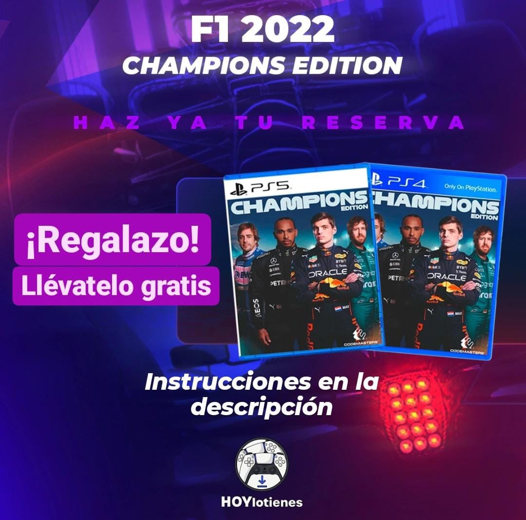 🚨 SORTEO INTERNACIONAL 🚨

chavales, sorteamos el F1 2022 Champions Edition (al que podréis jugar a partir del 28 de junio, tres días antes del lanzamiento oficial) para ello tenéis que:

- dar RT a este tweet
- seguir en twitter a @lotieneshoy 

¡¡MUCHÍSIMA SUERTE A TODOS!!
🍀