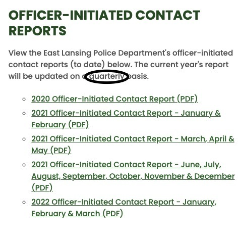 wali_talks's tweet photo. BREAKING: East Lansing PD Captain Chad Pride confirmed in an Email correspondence that race-related data pertaining to Police stops will be compiled quarterly rather than monthly. This change was made as recent as April, the same month of the Meijer shooting. #ELPD https://t.co/ElYfMX5G7y