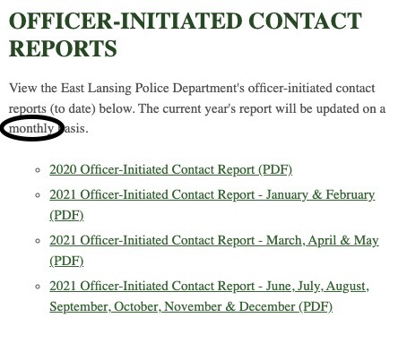 wali_talks's tweet photo. BREAKING: East Lansing PD Captain Chad Pride confirmed in an Email correspondence that race-related data pertaining to Police stops will be compiled quarterly rather than monthly. This change was made as recent as April, the same month of the Meijer shooting. #ELPD https://t.co/ElYfMX5G7y