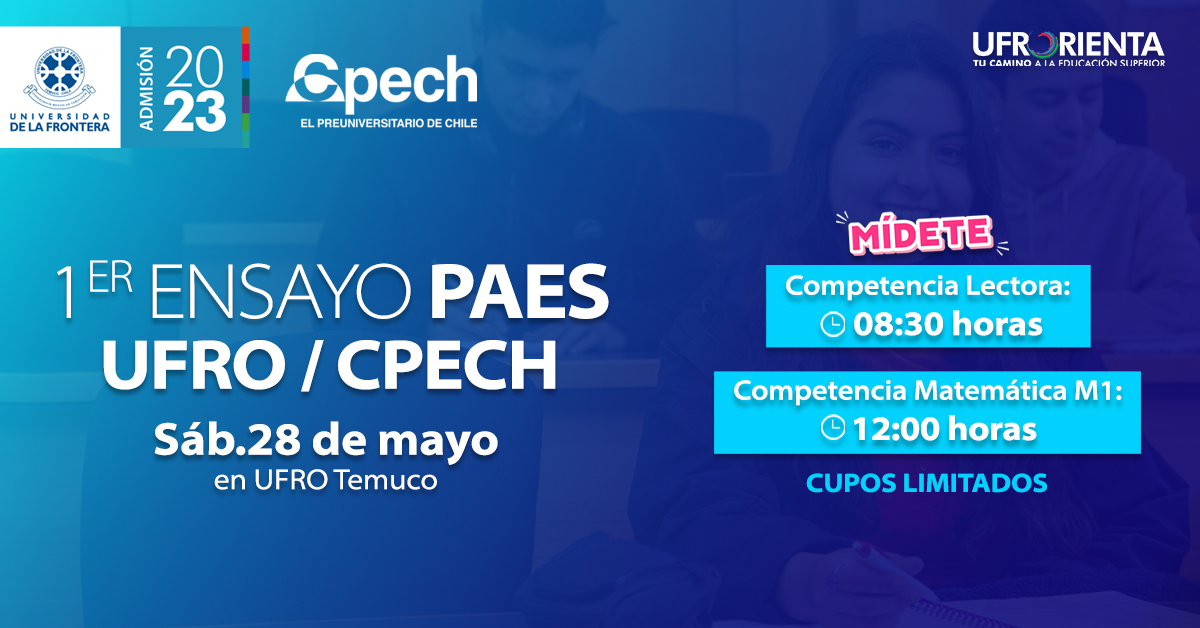 AdmisionUfro's tweet photo. ¡Inscríbete!📆 1° Ensayo PAES de UFRO-CPECH 💙, este sábado 28 de mayo. ➡ Gratuito y presencial en Campus Andrés Bello UFRO.📣Inscríbete en https://t.co/u3igGntQQt #UFRO #CPECH #EnsayoPAES #Temuco https://t.co/Su1dq6F3r9