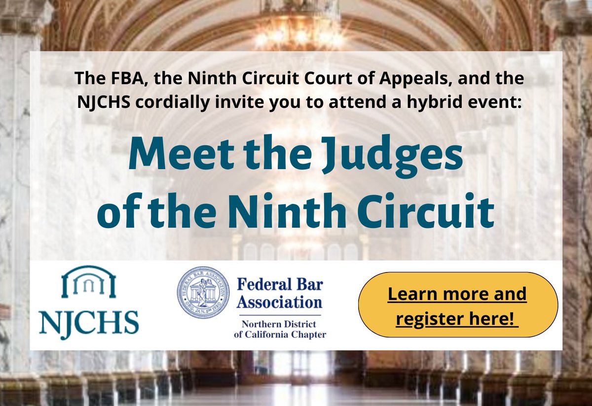 9thJCHS's tweet photo. Come meet the Judges of the Ninth Circuit (including some newer members)!! The FBA, the Ninth Circuit Court of Appeals, and the NJCHS cordially invite you to attend a panel discussion, IN PERSON OR VIRTUALLY. 
Wednesday, June 15 | 3:30 – 4:30 p.m. 
https://t.co/LiOI95nkEA https://t.co/Bc4S5HcztO