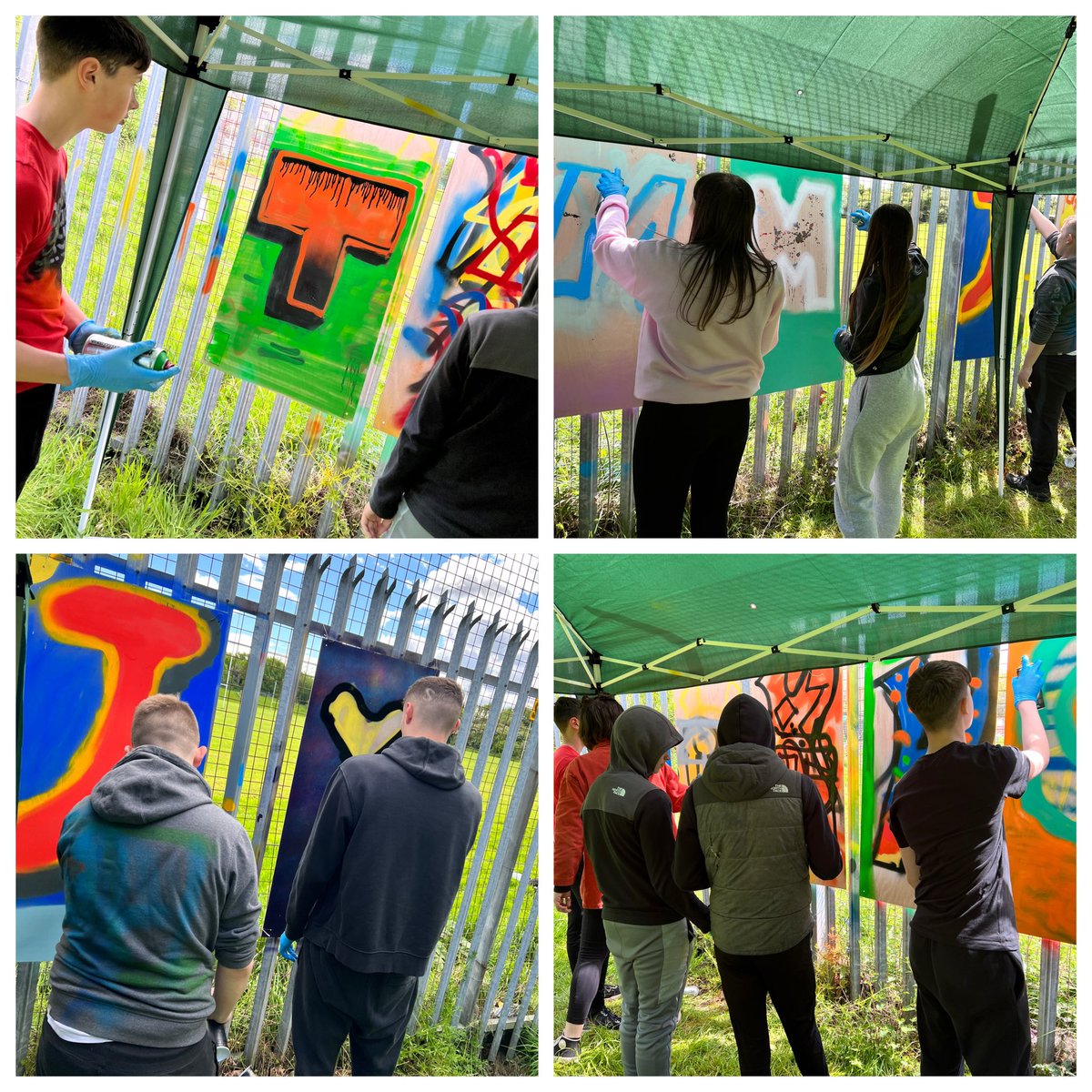 S3 @PrincesTrustSco Achieve evaded the wet weather today to practise their can control and technique with Spectrum Arts in preparation for their mural #skills #community