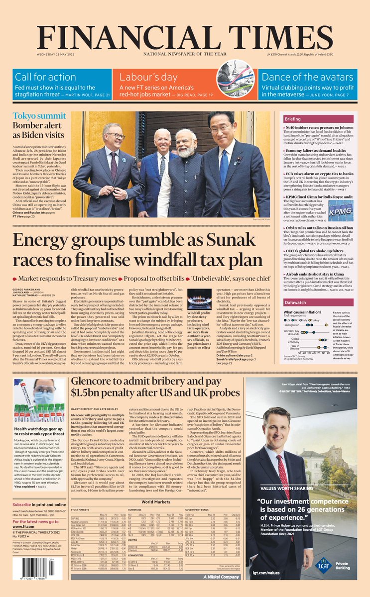 FinancialTimes's tweet image. Just published: front page of the Financial Times, UK edition, Wednesday 25 May  on.ft.com/3LKnHHi