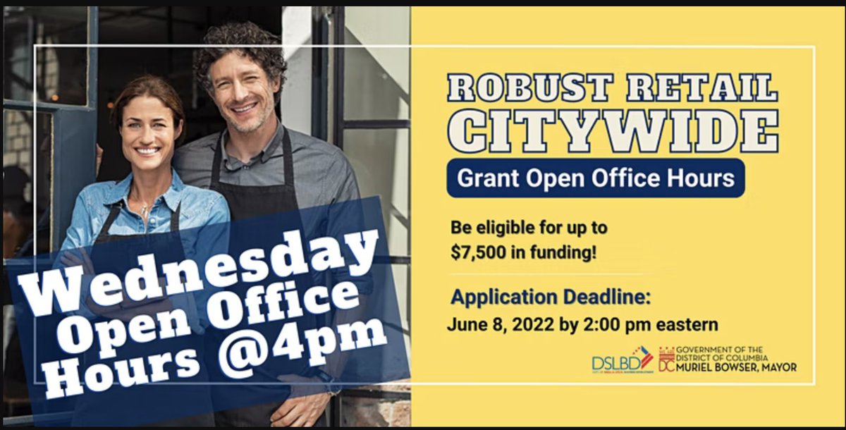SmallBizDC's tweet photo. Just like you, we are open too!
#RobustRetail Citywide Grant Open Office Hours May 25th @ 4PM
Have questions? we'll be hanging out in a Webex room to answer questions!
To Register: https://t.co/nC4rUJyNCr
The final deadline: June 8, 2022. @ 2:00PM
#DCisOpen https://t.co/kWlA5RhDiW