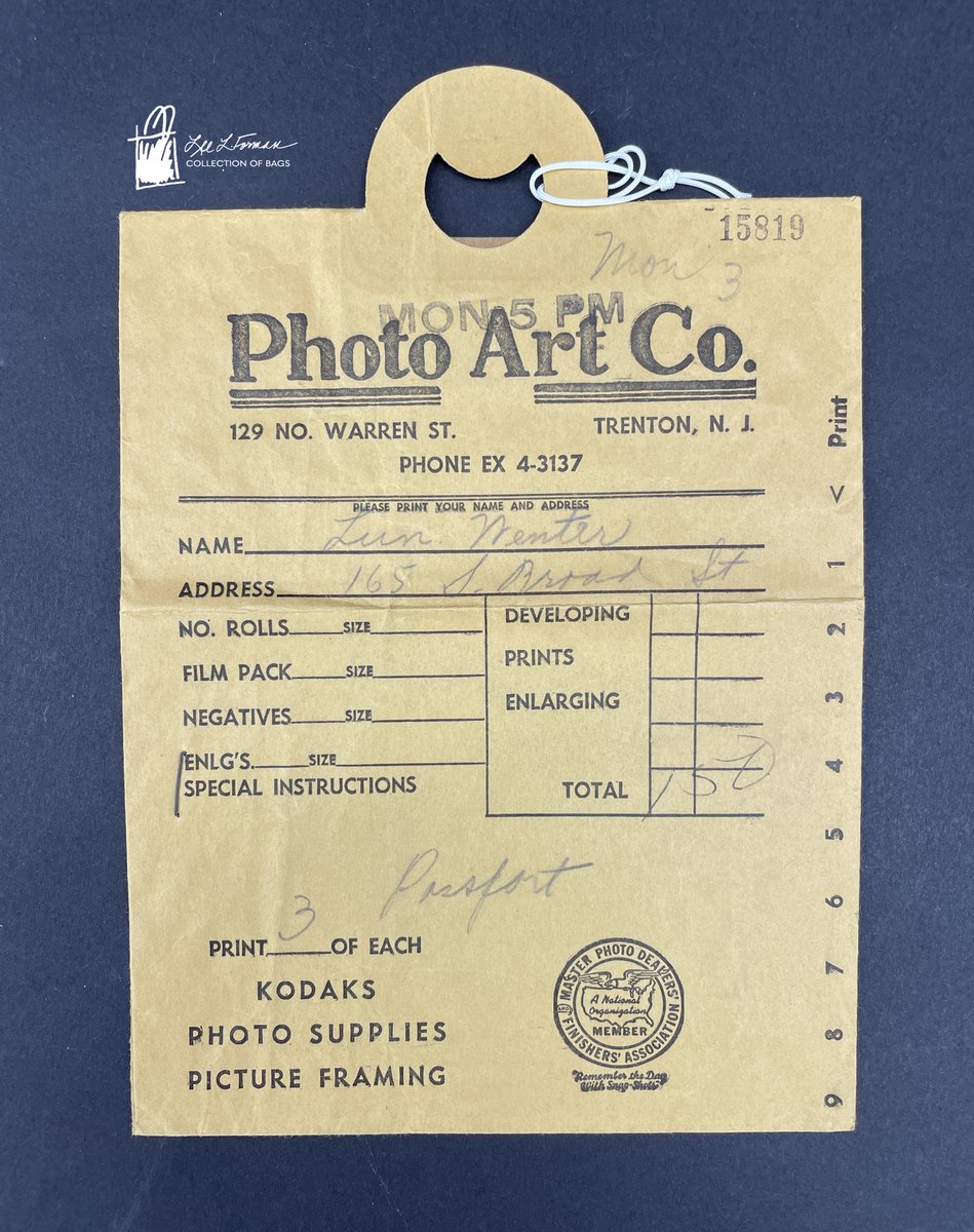 144/365: This bag from the Photo Art Co. in Trenton, NJ was pre-printed with all the details needed from a customer. It dates to the first half of the 20th century, since the phone number doesn't yet include an area code (NJ was the first to introduce area codes in 1951).  
