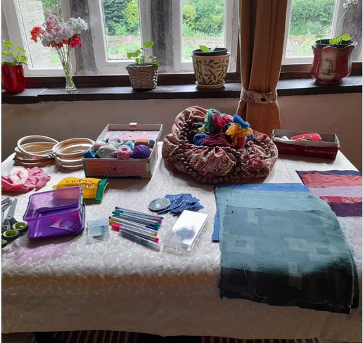 ragbagmending's tweet photo. Labyrinth Day in full flow! 10 brave souls came and made labyrinths with me for the day, in a beautiful farmhouse on the edge of Bradford. We chatted, sewed, drew, prayed and enjoyed the beautiful surroundings, accompanied by home made cake, strawberries and many cups of tea. https://t.co/Rd3jnxtj4k