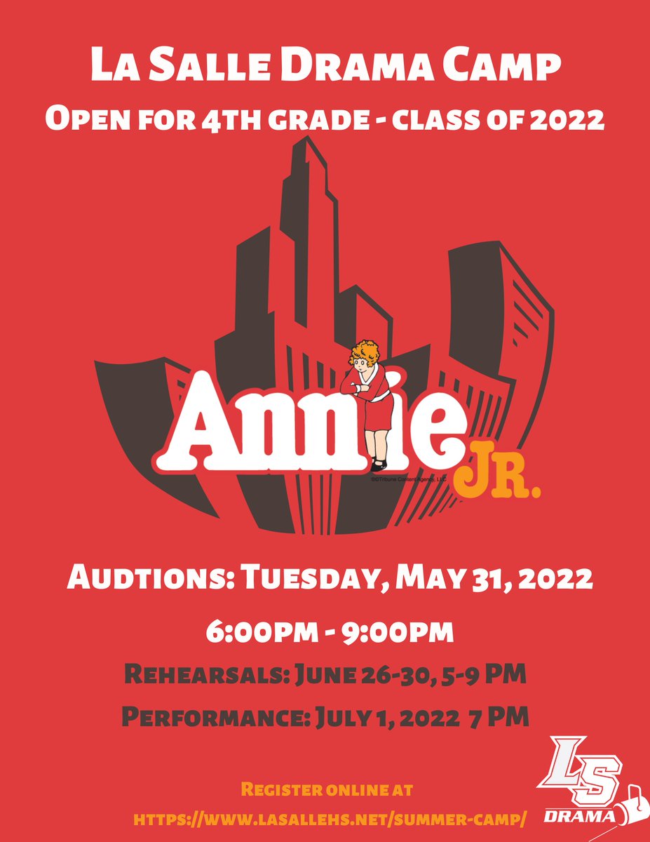 LaSallePride's tweet photo. Calling all aspiring actors and actresses! Join us for summer drama camp for our production of Annie, Jr. Registration is open now and auditions are Tuesday, May 31. Find all of the details on our website: https://t.co/iK1fAb631O
#wegotannie #thesunwillcomeouttomorrow https://t.co/PkHSX9jjap