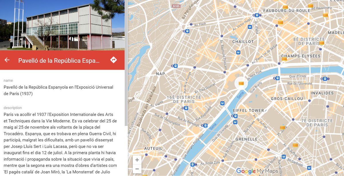 #taldiacomavui de 1937 s'inaugurava a París l'Exposició Universal. El Pavelló de la República Espanyola, del Josep Lluís Sert i Luis Lacasa, que no s'inaugurava fins al 12 de juliol, va esdevenir un altaveu de la tràgica situació que vivia el país. 📌google.com/maps/d/viewer?…