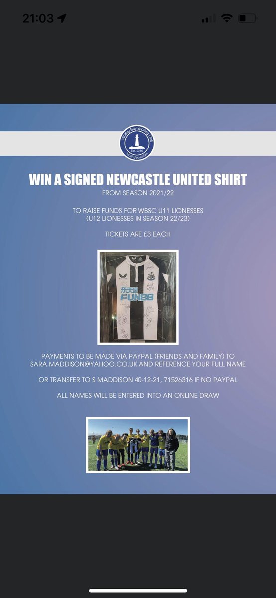 stevepep_83's tweet photo. £3 per ticket to win a signed #nufc shirt. Funds raised will  help the bairns team next season #nufc #signedshirt #lionesses #whitleybaysportingclub https://t.co/C7ZkHd69hr