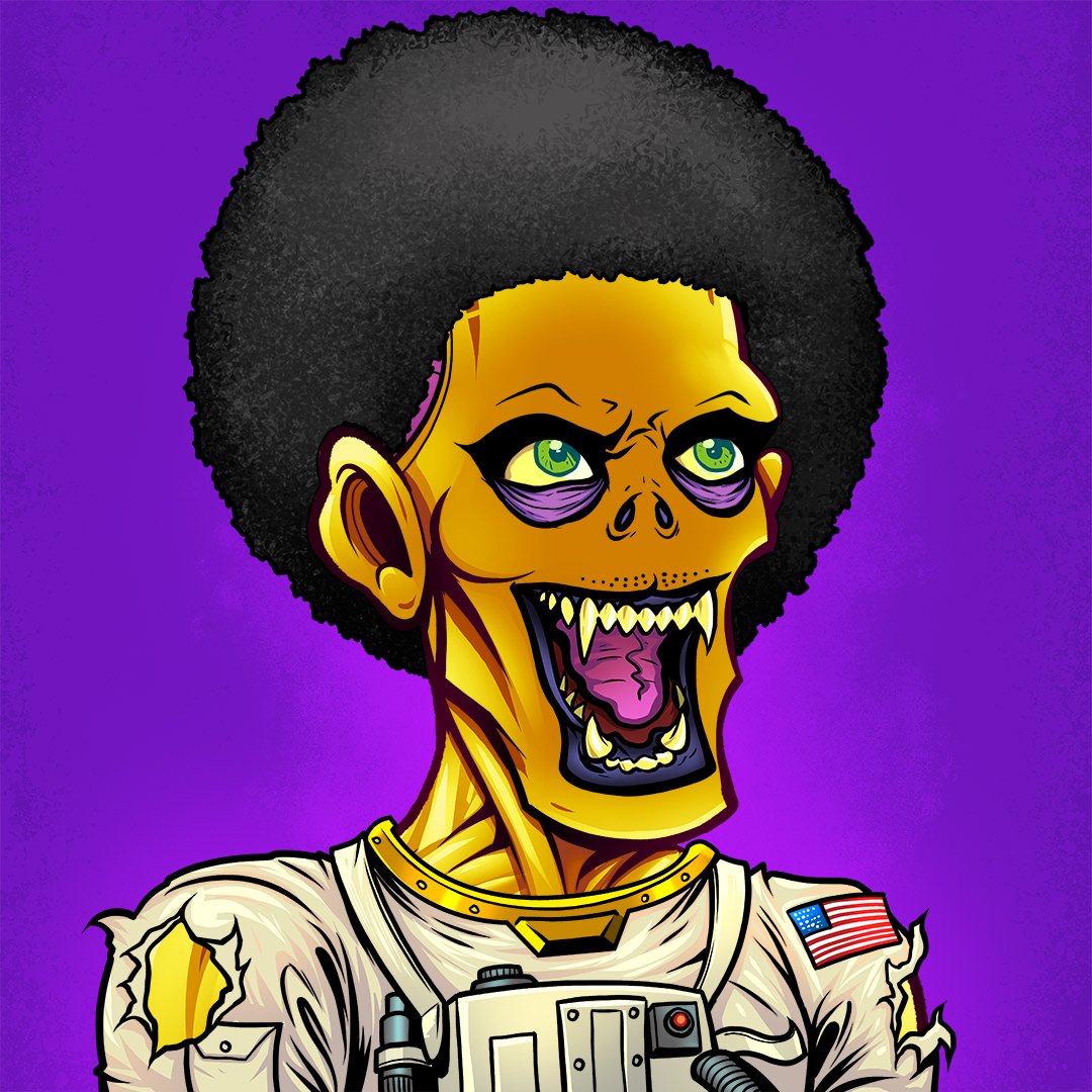thecjlovelace's tweet photo. NFT of the day #Day9Of365. @ZombieChains #07992. The only Golden Astronaut. We may have a Zombie Chains video, coming soon.. https://t.co/oOAbXHKoAk